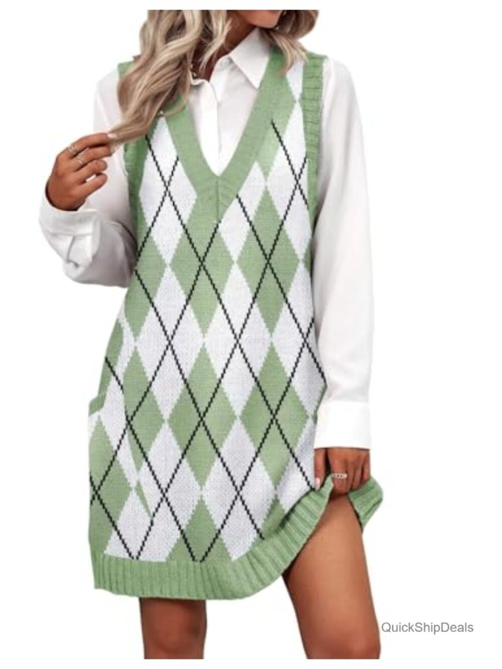 Zeagoo Knitted Sweater Vest Dress Sleeveless V-Neck A-Line with Pockets